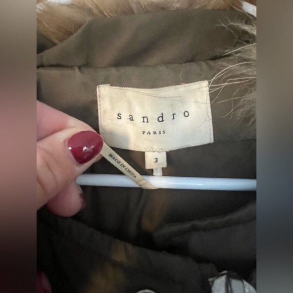 Sandro Marcie Down Puffer Jacket, Lamb Fur Hood, Leather Sleeves; size 3 / L - Picture 4 of 7